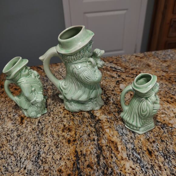 Vintage Unicorn Stamped Green Glazed Shepherd Stoneware Toby Jug Lot of 3 - Picture 8 of 13